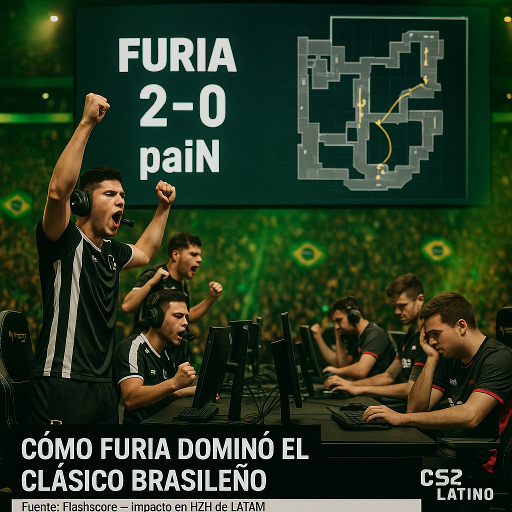 Photojournalistic wide shot of a Brazilian CS2 arena as FURIA defeats paiN 2–0, with